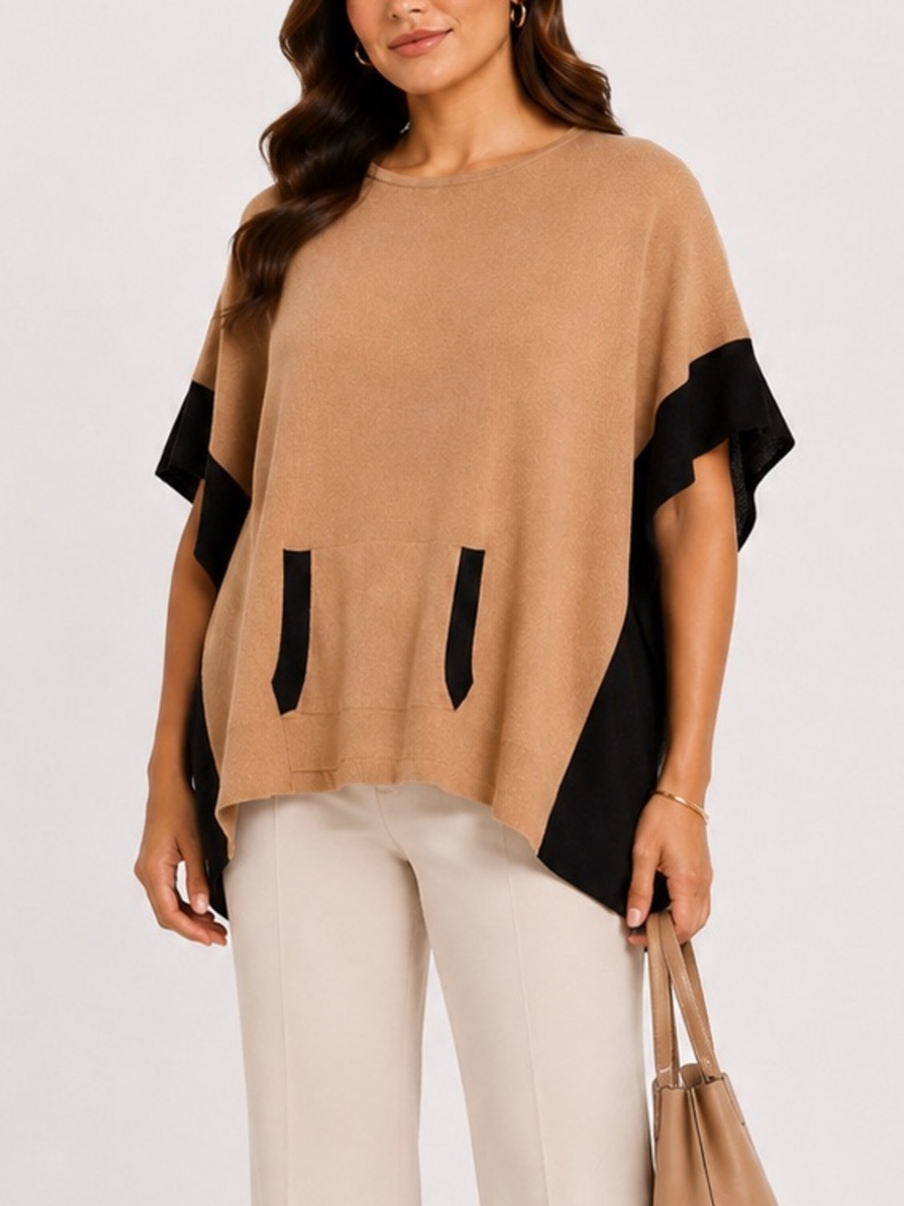 Talbots Tan/Black Colorblock Poncho Sweater OS Knit Pullover Cape Layering